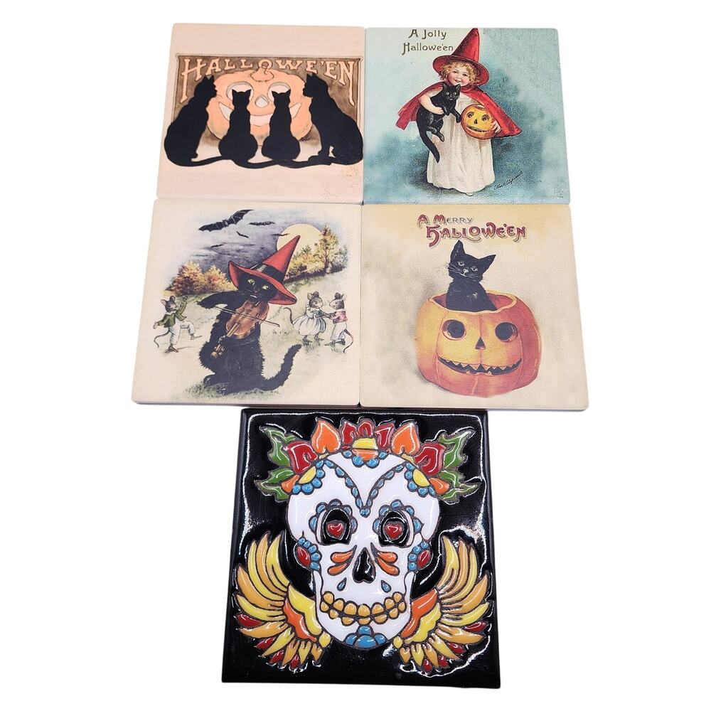 Cat lovers Halloween ceramic cork coaster drink cup + bonus dia de muertos tile
